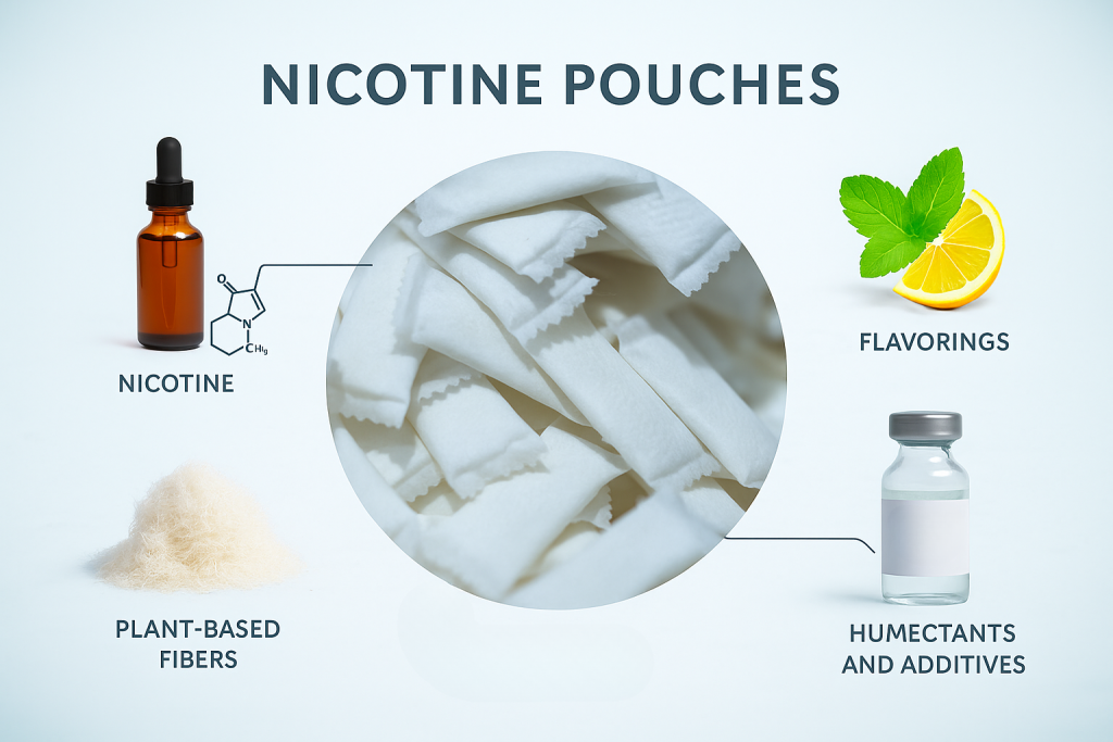 Diagram showing nicotine pouch ingredients without tobacco